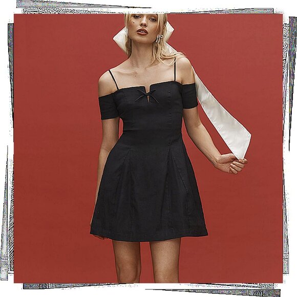 NWT: Black Off-The-Shoulder Bow Mini Dress w/ Tulle In Skirt (S) by Maeve - Picture 1 of 3